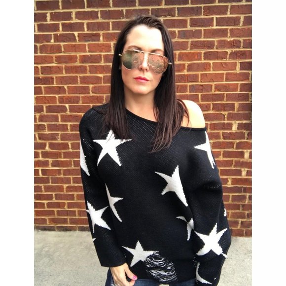 Miracle Navy Star Distressed Sheer Sweater Top W2303-NAVY - Picture 1 of 5